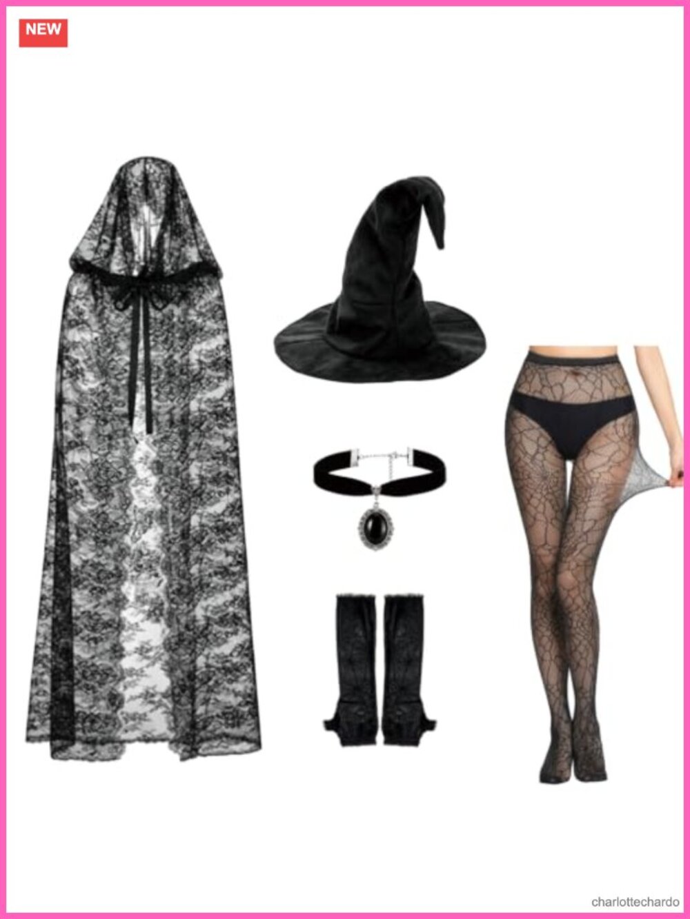 Witch Costume Set Lace Hat Hooded Cape Choker Stockings Gloves Cosplay Halloween